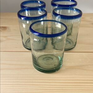 Hand Blown - Mexican Art Glass-style Blue Rimmed Tumbler Set